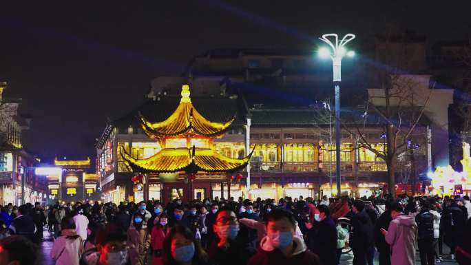 南京夫子庙秦淮灯会人流夜景