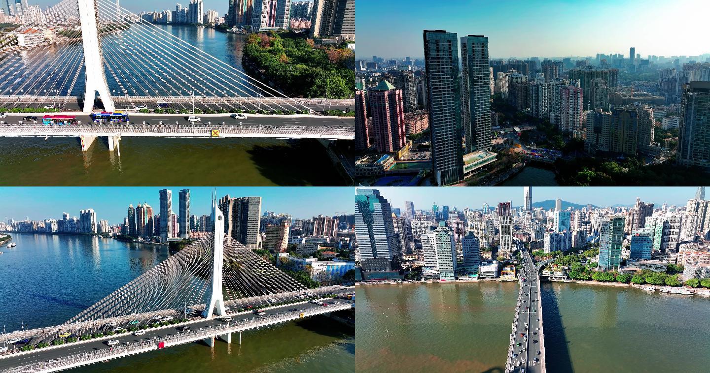 广州江湾桥和海印大桥车流交通城市建筑