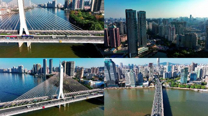 广州江湾桥和海印大桥车流交通城市建筑