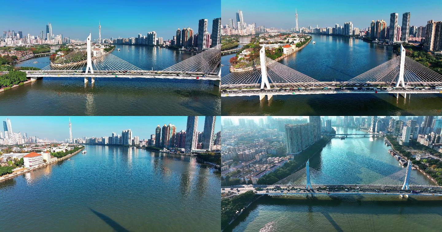 广州珠江城市风光海印大桥航拍车流2022