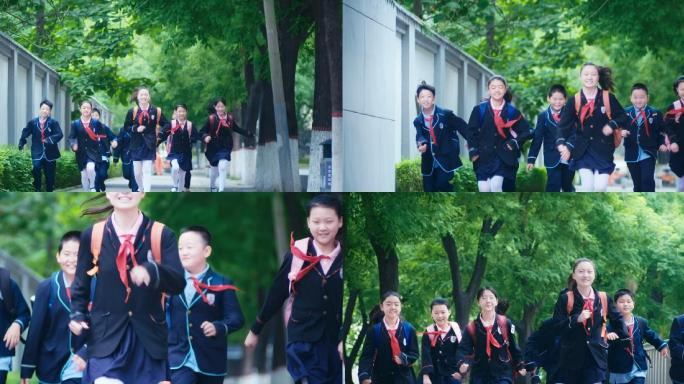 小学学校上学奔跑上课上学路上开心开学蹦跳