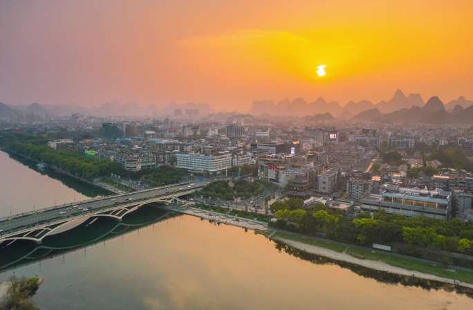 桂林航拍延时风光风景日落片头解放桥城市