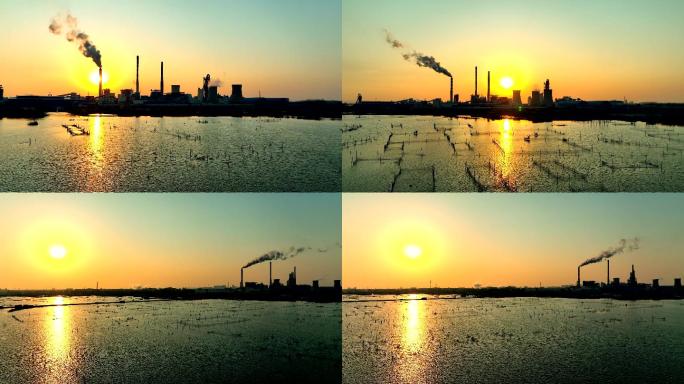 航拍工厂日出