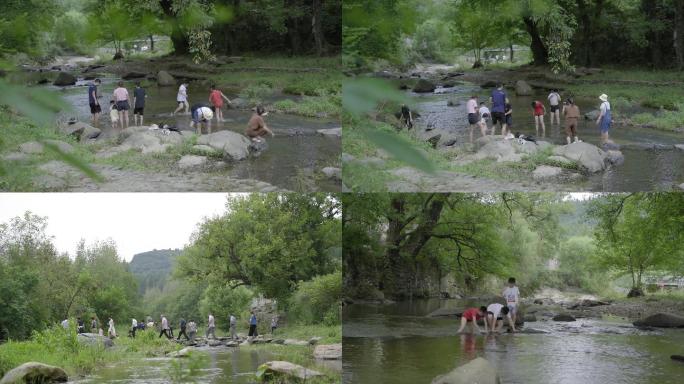 4K孩子在小河里蹚水玩山村小溪温馨快乐