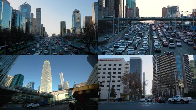 北京国贸桥、车流延时、傍晚夕阳、道路交通