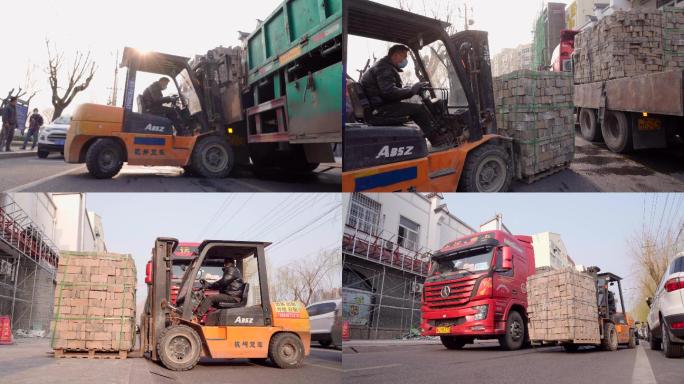 4K叉车工人在搬运货物-叉车-货物装卸