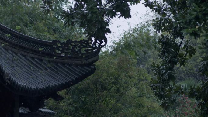 江南春天春雨雨天古建筑屋檐一角雨水雨丝