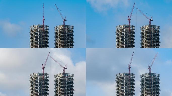 4K原创钢结构大楼高空塔吊施工延时摄影