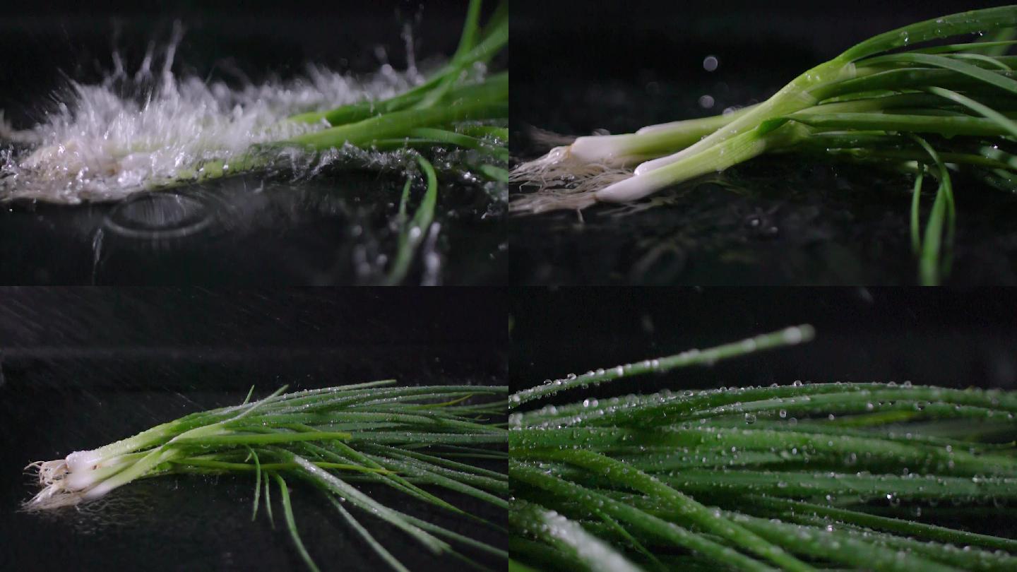 小葱落水溅水花-香葱喷水-水灵灵的蔬菜