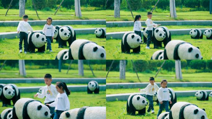 男女儿童熊猫玩耍