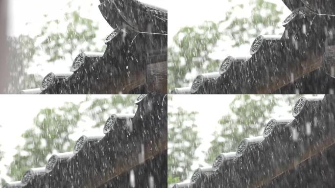 唯美丽江纳西族建筑园林下雨天屋檐空镜雨滴