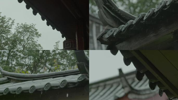 唯美丽江纳西族建筑园林下雨天屋檐空镜雨滴