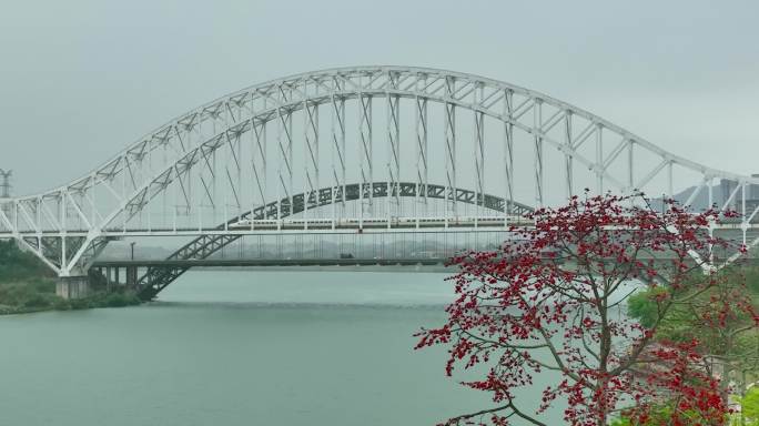 航拍高铁跨江铁路桥，南宁三岸大桥（4K)