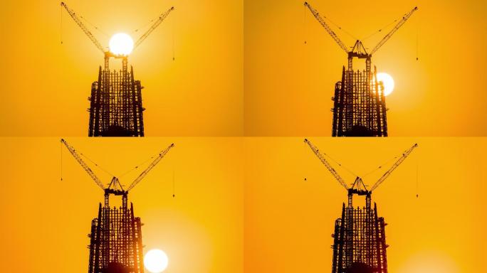 4K巨大太阳划过建设中的钢结构大楼延时