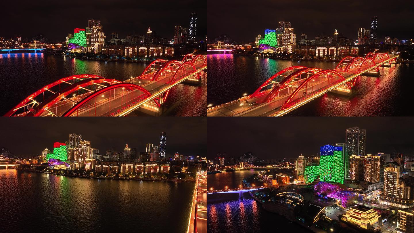 航拍广西柳州文惠大桥及中心广场灯光全貌