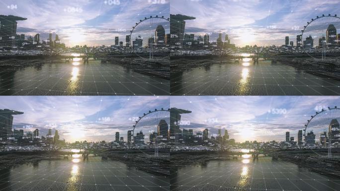 日落时的新加坡城智慧化城市实景结合线条物