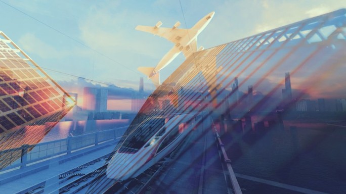 复兴号高速列车现代城市高楼飞机