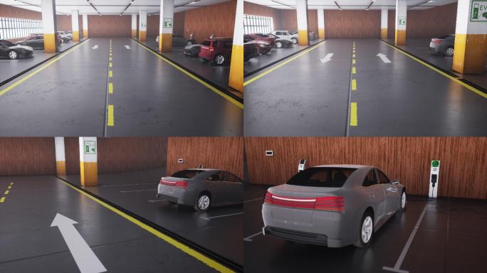 电动汽车充电桩地下停车场空镜头三维动画