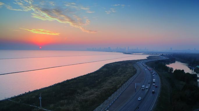 合肥滨湖新区环巢湖巢湖大道日落航拍4k