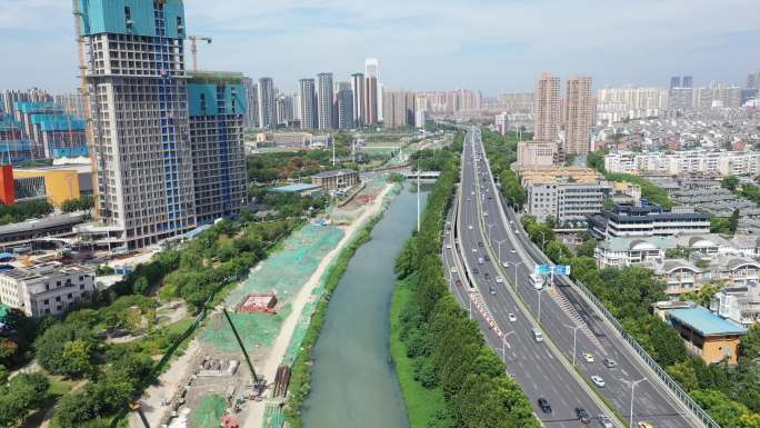 航拍武汉黄孝河流域城市风景