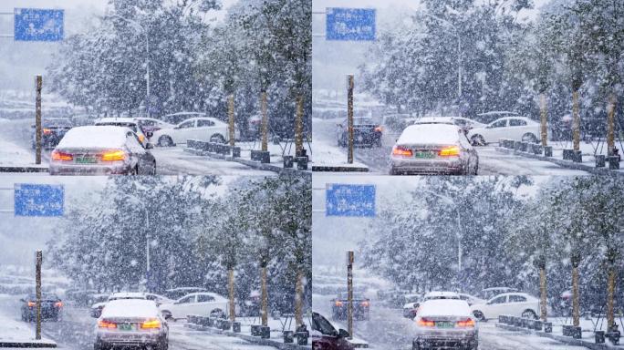 【4K】大雪纷飞的城市 车辆 行人