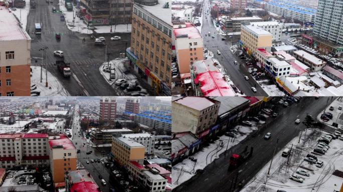 早上雨雪交加的马路_