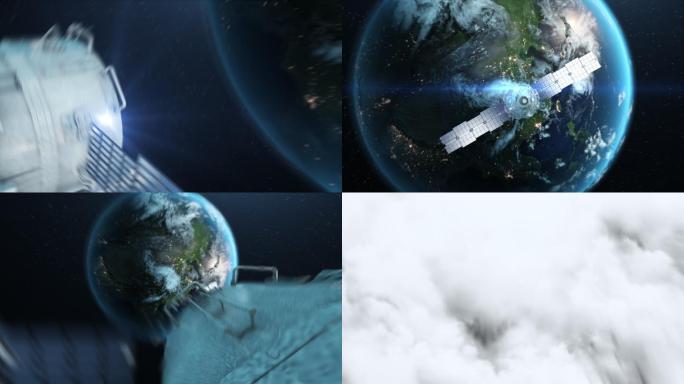 卫星穿越云层地球俯冲