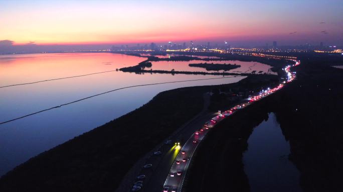 合肥包河区滨湖巢湖大道夜景日落航拍