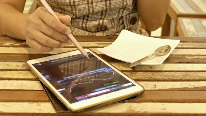 女性在咖啡馆使用电脑分析财务数据