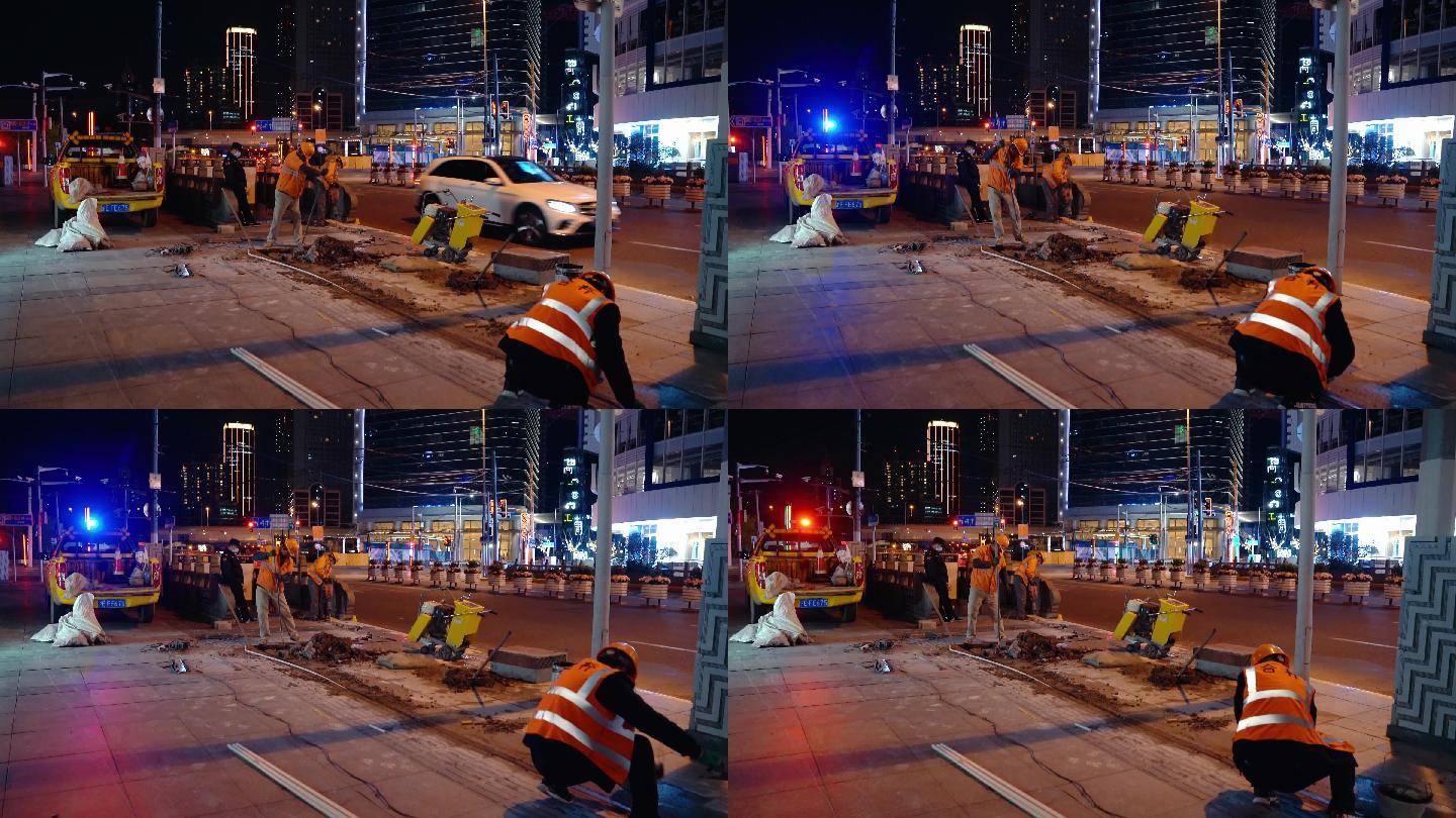 4K原素材-上海深夜道路抢修