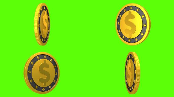 带有美元符号的金币在绿色背景上。