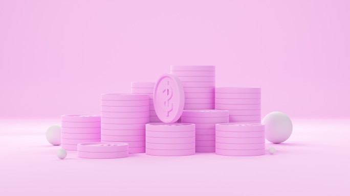 3d渲染模板背景的粉色硬币