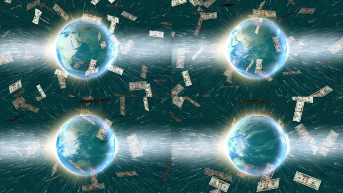 旋转的地球动画上的美元纸币