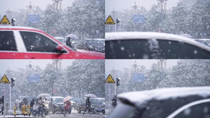 【4K】大雪纷飞的城市 车辆 行人