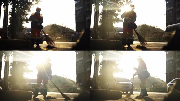 清晨环卫工，意境环卫工，逆光环卫工，意境