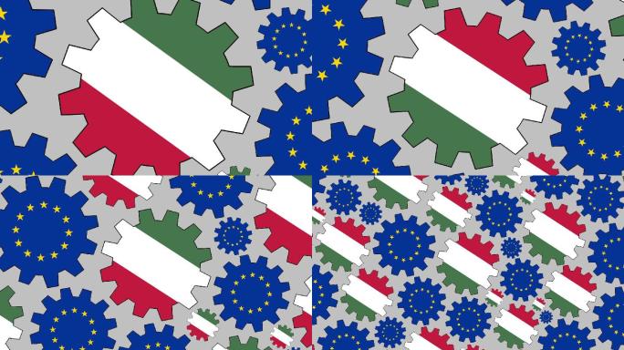 欧洲和匈牙利国旗齿轮旋转背景
