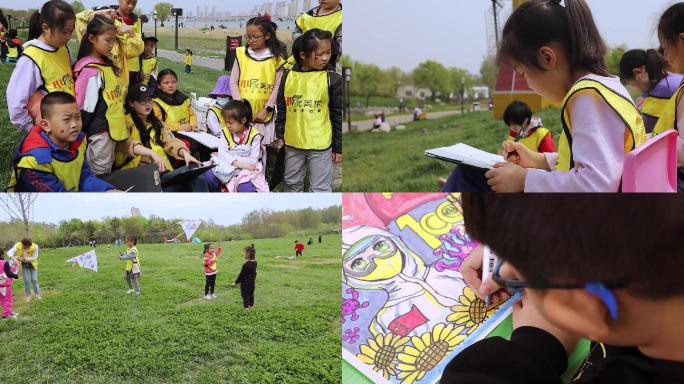 春天草地公园儿童绘画