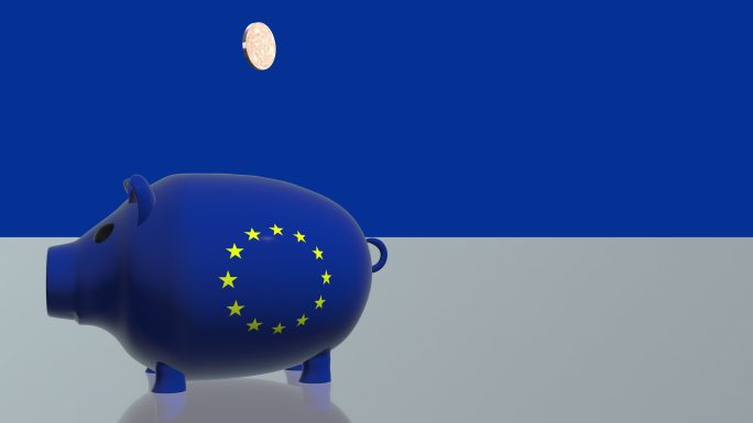 硬币掉进挂着欧盟国旗的存钱罐