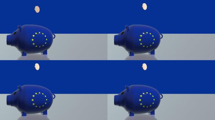 硬币掉进挂着欧盟国旗的存钱罐