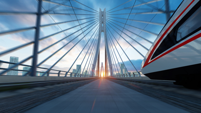 【4k】三维高铁复兴号-日出穿梭城市桥梁