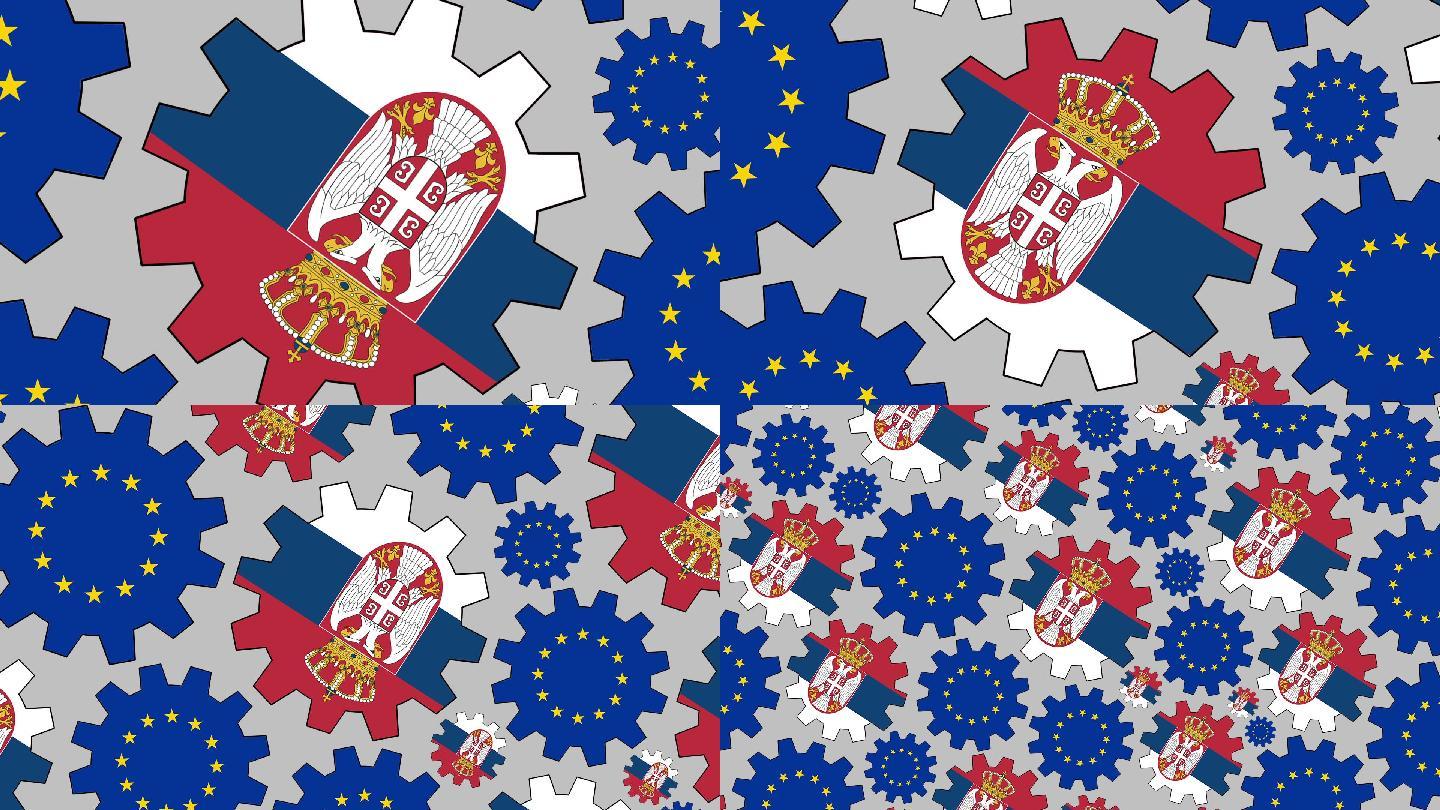 欧洲和塞尔维亚国旗齿轮旋转背景