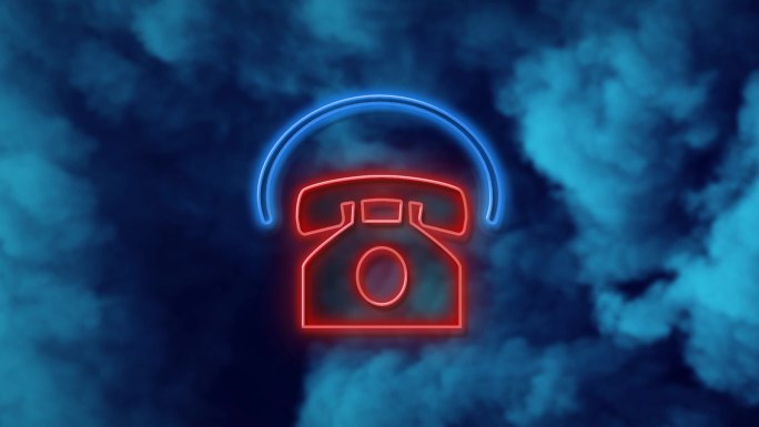蓝色背景下霓虹灯上的电话符号