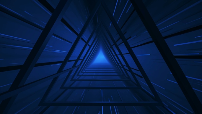 【4K时尚背景】蓝色三角虚拟科幻隧道空间