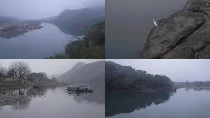 4K烟雨江南青山河流白鹭