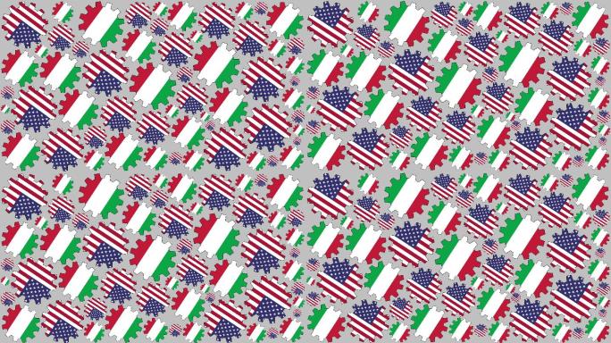 美国和意大利国旗齿轮旋转背景