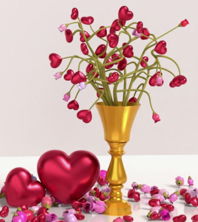 3d渲染红色爱心和花瓶、插花