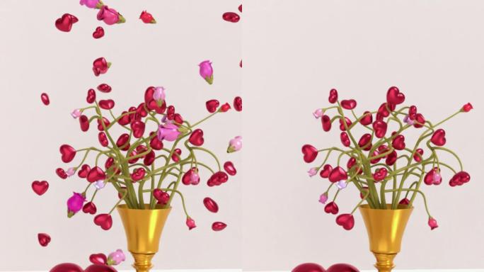 3d渲染红色爱心和花瓶、插花