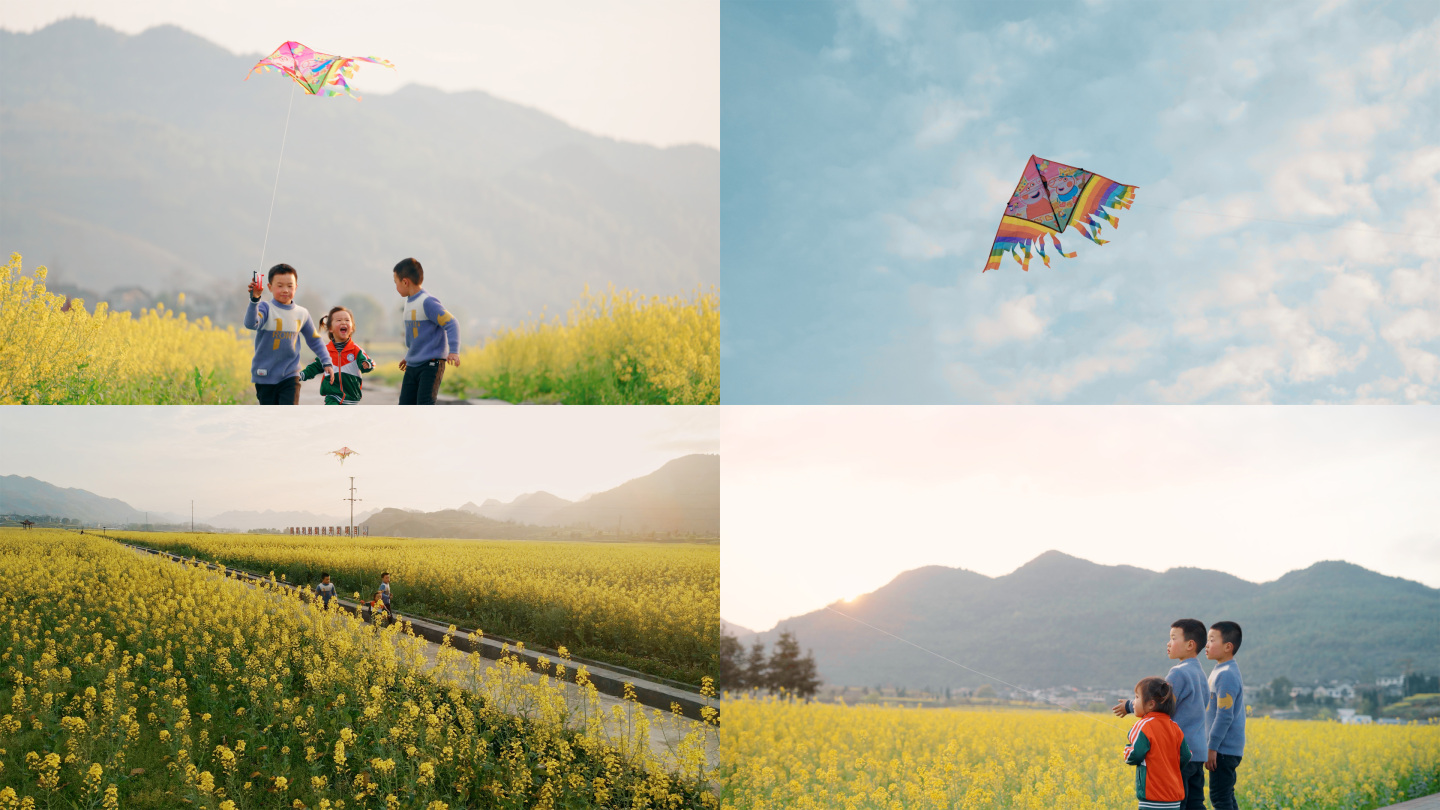 【4K】油菜花田里放风筝的孩子
