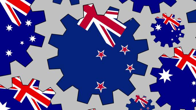 澳大利亚和新西兰国旗齿轮旋转背景