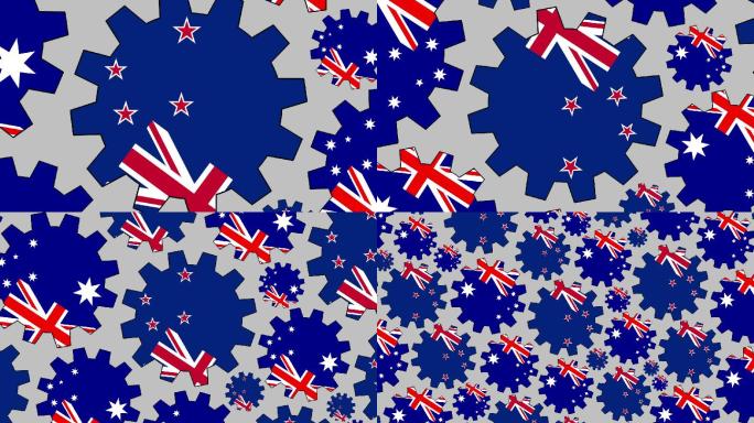 澳大利亚和新西兰国旗齿轮旋转背景